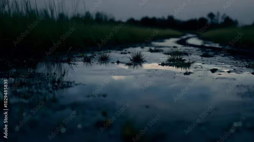 Poster Tranquil countryside scene with a muddy puddle reflecting twilight colors, creating a dreamy atmosphere with out of focus lights. Wet grass and darkening sky add to the peaceful setting