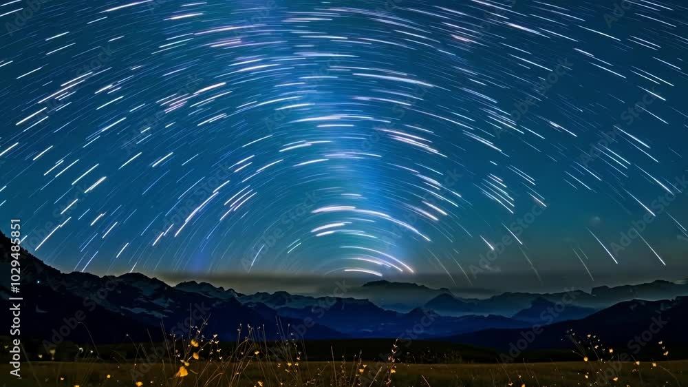 Poster long exposure showing star trails forming circles in the sky over a mountain landscape with the sun 