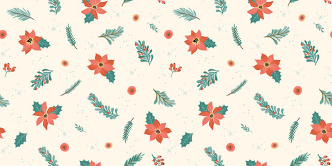 Christmas and Happy New Year seamless pattern. Christmas tree, flowers, berries. New Year symbols. Vector template.