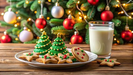 Reflected Christmas cookies and milk on festive plate by Christmas tree
