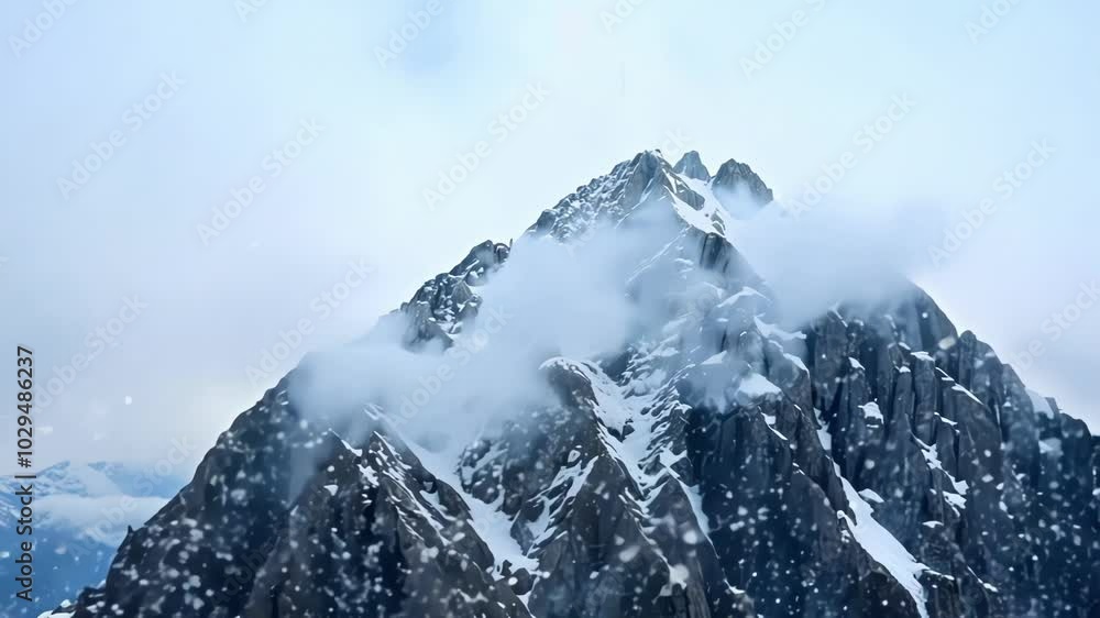 Poster snow is falling on a majestic mountain peak, its slopes and ridges partially obscured by swirling cl