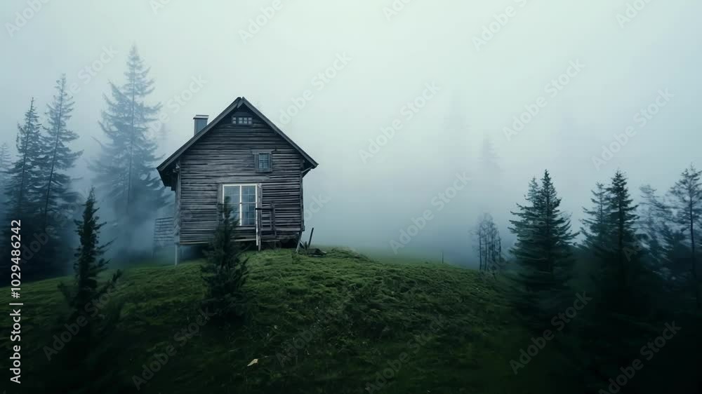 Poster old wooden cabin is standing on a hill in the middle of a forest, surrounded by fog. the atmosphere 