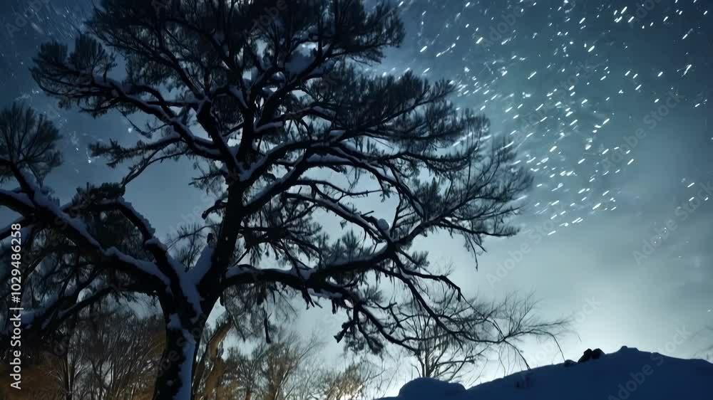 Poster Snow falls gently on trees in a peaceful forest at night, creating a serene scene with a blanket of snow covering the ground and a starry sky above
