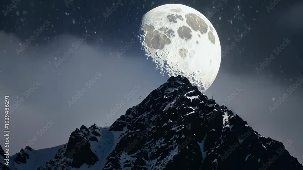 Poster Snow covered mountain peak is set against a night sky with a bright full moon and stars, creating a serene and majestic atmosphere