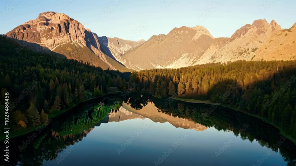 Aufkleber the tranquil mountain lake reflects the colorful forest at sunset, creating a peaceful oasis in the 