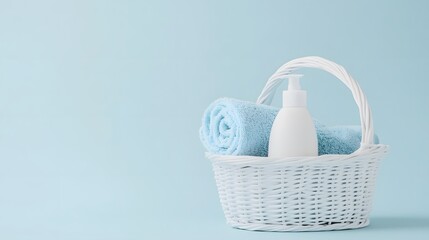 Obraz premium White basket with baby cream, body wash, and towels on a light blue background