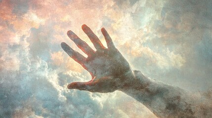   A person's hand reaching skyward amidst cloudy skies