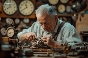 an elderly man in a workshop surrounded by vintage clocks, meticulously working on a watch mechanism. Blurred antique clocks and tools in the background 