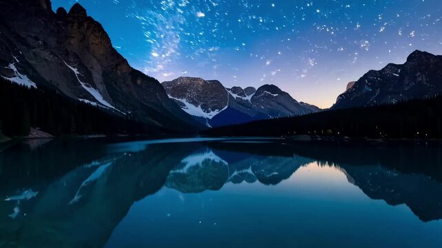 Serene night sky reflects stars on a calm lake in a mountain range. Offering peace and beauty for quiet contemplation outdoors. Explore banff national park in  for this stunning twilight view