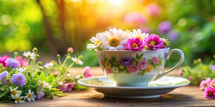 Tea cup with flowers inside for garden refreshments
