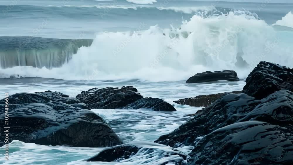 Poster Powerful ocean waves are crashing on the dark rocks of a shore, creating white sea foam. The energy of nature is depicted in this image
