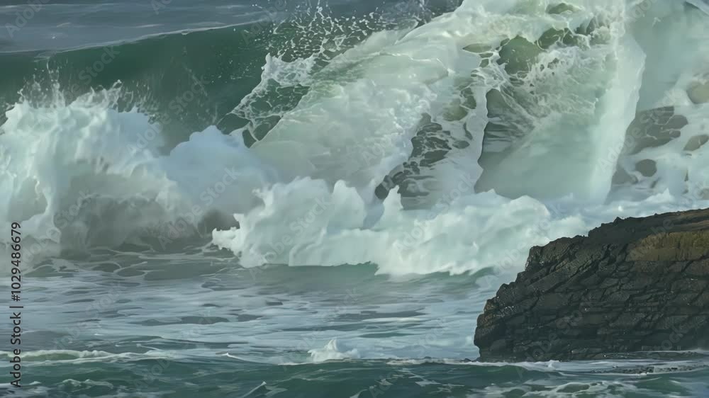 Poster Large wave is about to crash near a rocky coastline, creating a dramatic scene of nature's power. The ocean water is a deep blue with white foam