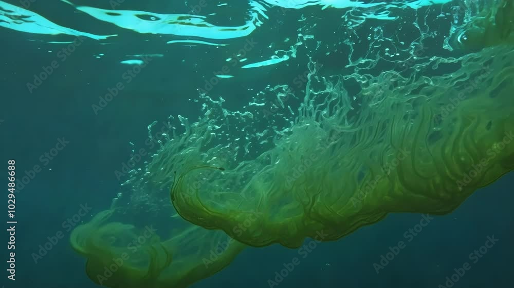 Poster Green algae bloom underwater, creating abstract shapes and vibrant hues, adding color to the aquatic environment. Nature's beauty on display in delicate marine ecosystems