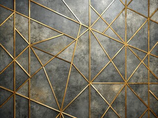 Modern Abstract Mural with Gold Lines and Geometric Grid on Textured Gray Backdrop