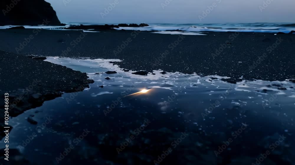 Poster the moon is reflecting in a tide pool on a dark sandy beach with waves crashing in the distance. the