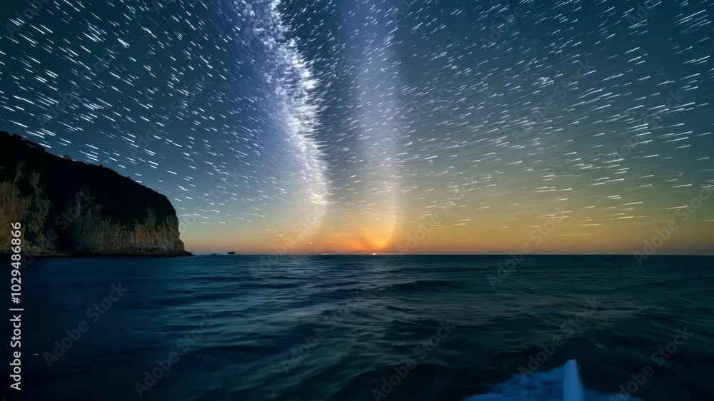 Poster star trails illuminating the sky above a calm ocean with gentle waves lapping at the shore, a rocky 