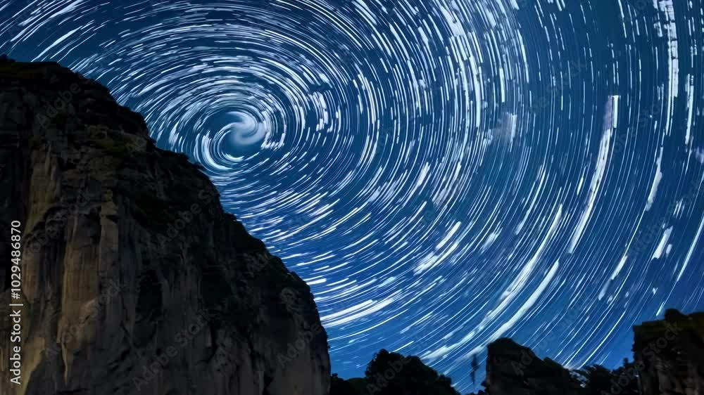 Poster long exposure capturing the apparent motion of stars in the sky creating a circular pattern, with a 