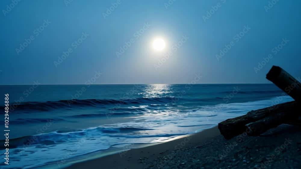 Poster the serene beach at night glows under the full moon, casting a romantic reflection on calm waves, cr