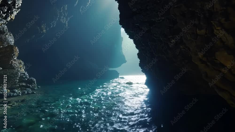 Aufkleber sunlight beams gently illuminate a hidden ocean cave entrance, creating a mesmerizing play of light 