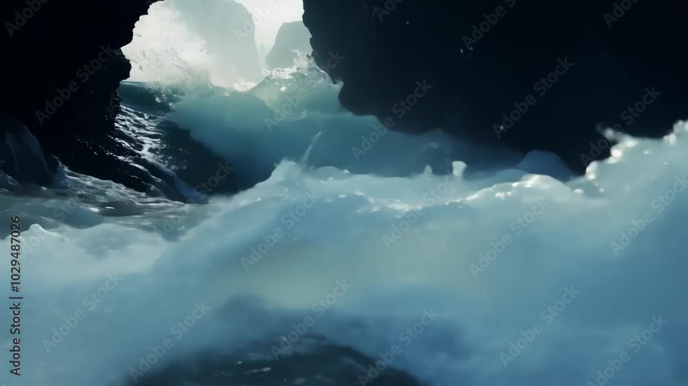Poster Majestic ocean waves are crashing inside a sea cave with birds flying above, creating a sense of awe and the raw power of nature