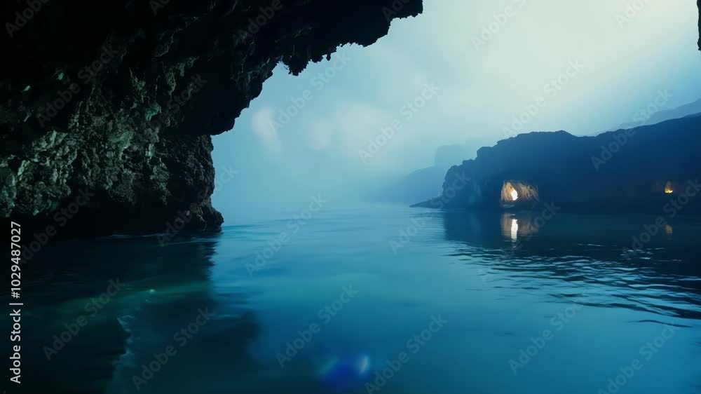 Poster ocean water flows calmly into a dark sea cave, creating a mysterious and atmospheric scene with mist
