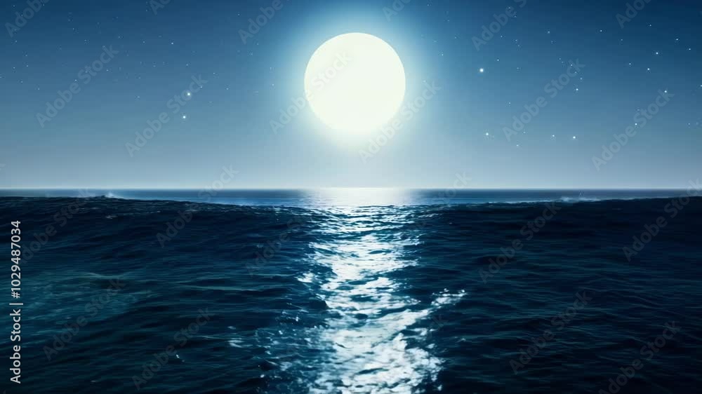 Poster the full moon illuminates the ocean at night, creating a magical and serene atmosphere with shimmeri