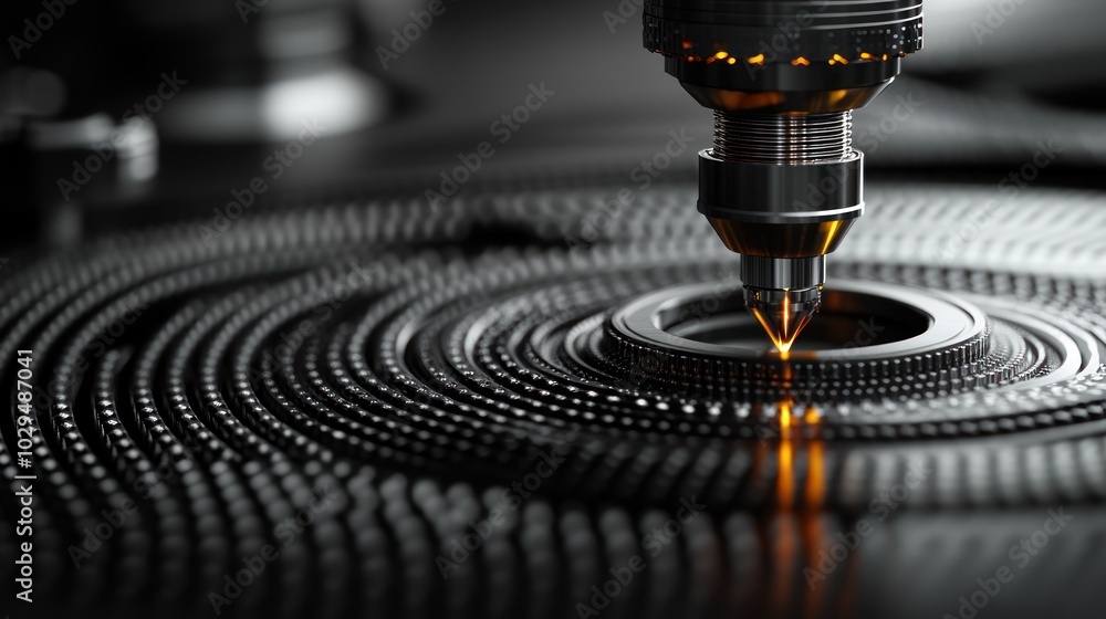 Poster a close-up of a precision laser cutting tool working on a circular design.