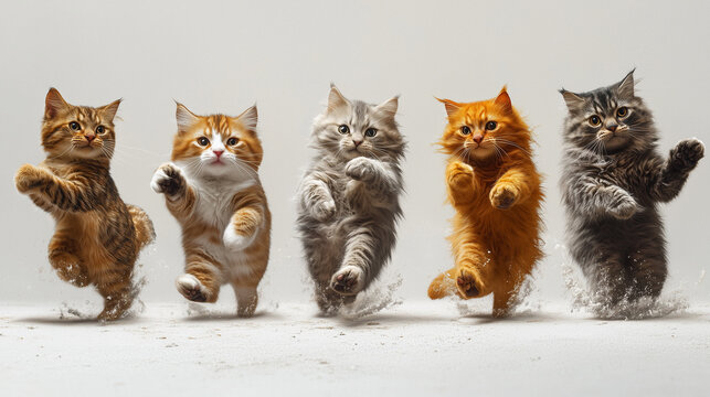 Eine Gruppe junger Katzen tanzt auf wei&szlig;em Hintergrund, perfekt f&uuml;r lustige Social Media Posts oder Gru&szlig;karten.