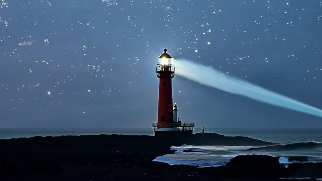 Red lighthouse is standing on a rocky coastline with its light beam shining brightly into the dark night sky filled with stars