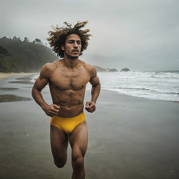 Athletic Man in Yellow Swimsuit Runs on Cloudy Beach