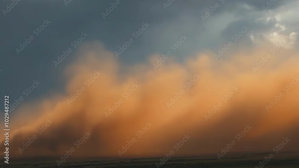 Poster Dark storm clouds are gathering over a vast empty landscape with low hills in the distance, creating a dramatic and moody atmosphere