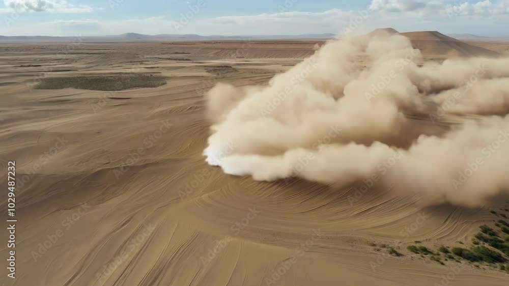 Poster Off road vehicle is kicking up a large cloud of dust as it speeds across the desert landscape. The vastness of the desert adds to the sense of adventure and excitement