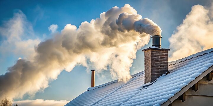 Thick white smoke billowing from stovepipe during winter
