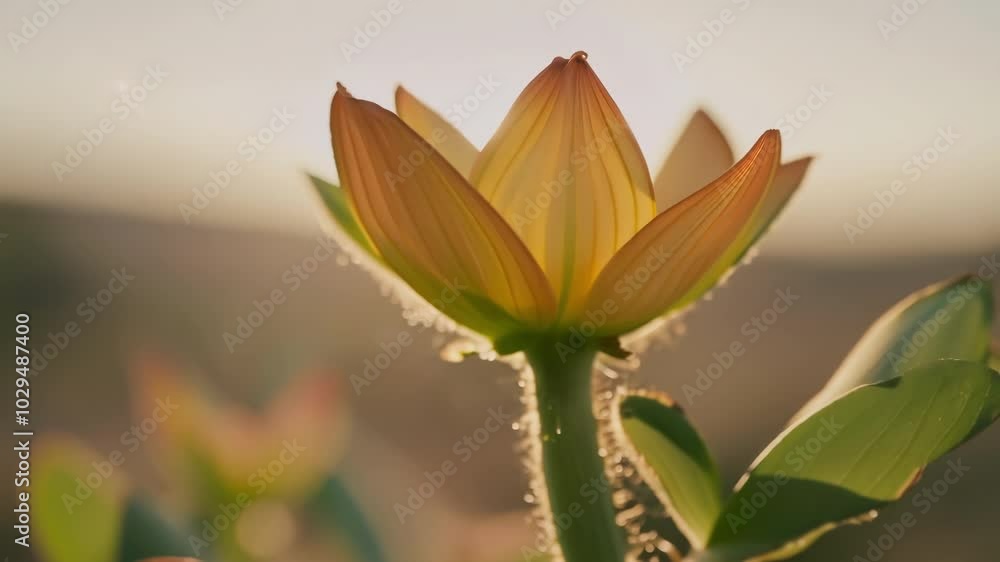 Poster single king protea flower is backlit by the setting sun, creating a warm glow around the petals. the