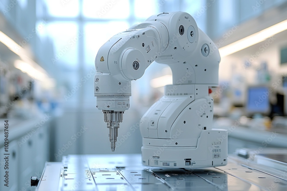 Aufkleber a robotic arm poised on a lab table, designed for precision tasks in a scientific environment.