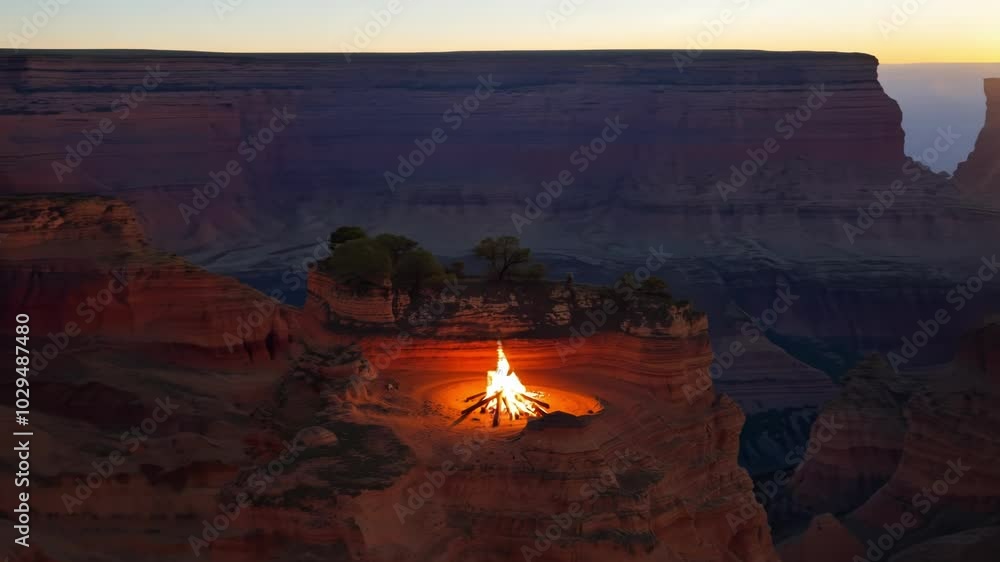 Poster Warm campfire crackles on a cliff edge. Casting a flickering light over the grand canyon at night. The fiery embers dance in the dark. Creating a serene atmosphere in this remote wilderness setting