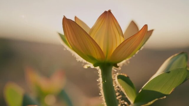 Single king protea flower is backlit by the setting sun, creating a warm glow around the petals. The image evokes feelings of peace and tranquility