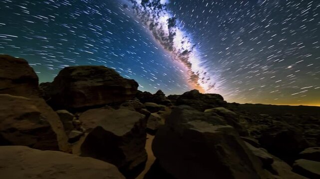 The milky way is rising over the wadi rum desert in jordan, illuminating the night sky with a celestial glow while stars are leaving trails of light