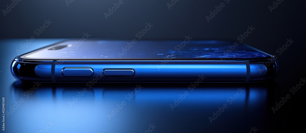 Poster a sleek smartphone displayed on a dark surface, showcasing its design and features.