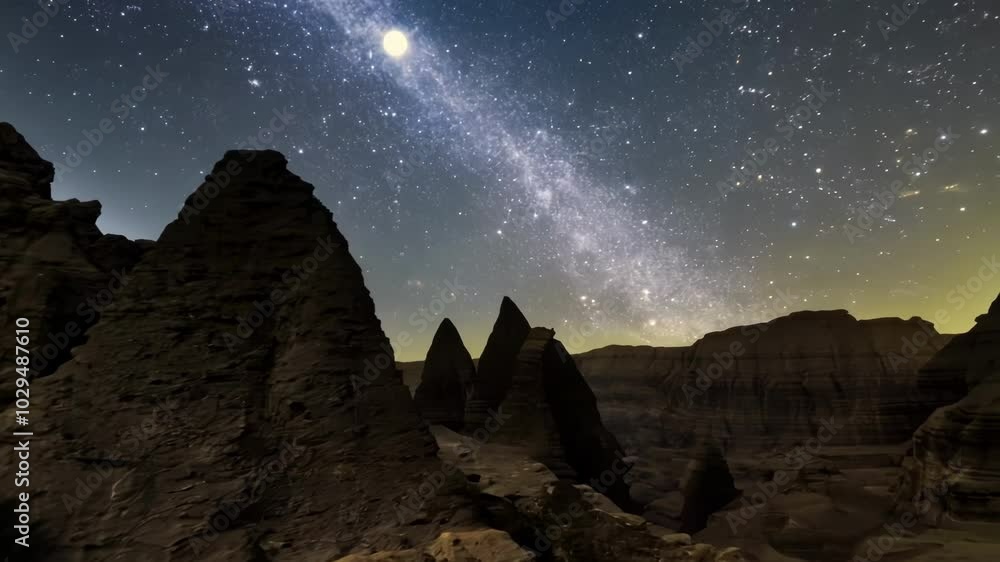 Poster breathtaking view of the milky way illuminating a desert landscape with unique rock formations, crea