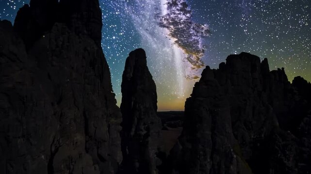 The milky way galaxy is shining over the externsteine rocks at night, creating a breathtaking view of nature's beauty and grandeur
