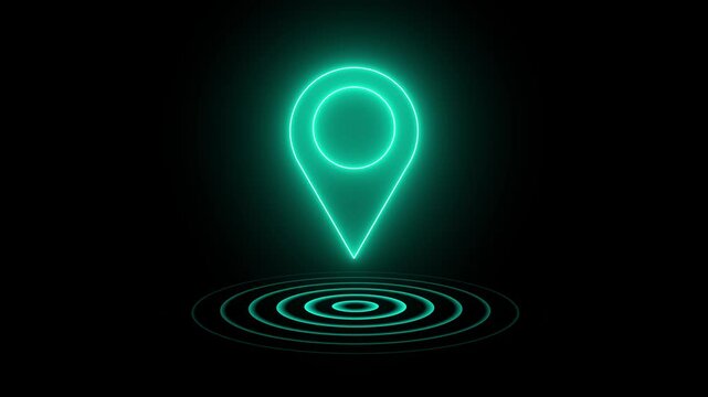 Gps Navigator Pin icon, location Icon Neon Light Glowing Bright Symbol. position location tracking animated on black background.