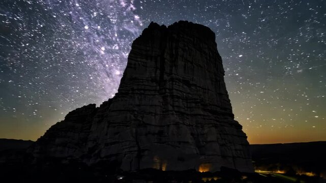 The milky way galaxy is shining above the pena de bernal monolith at sunset, creating a breathtaking view of nature's wonders