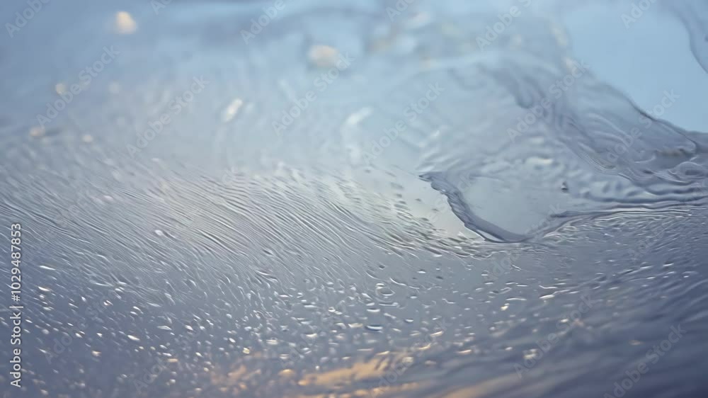 Poster Thin layer of ice is melting on a glass surface, with sunlight reflecting off the water and creating interesting patterns