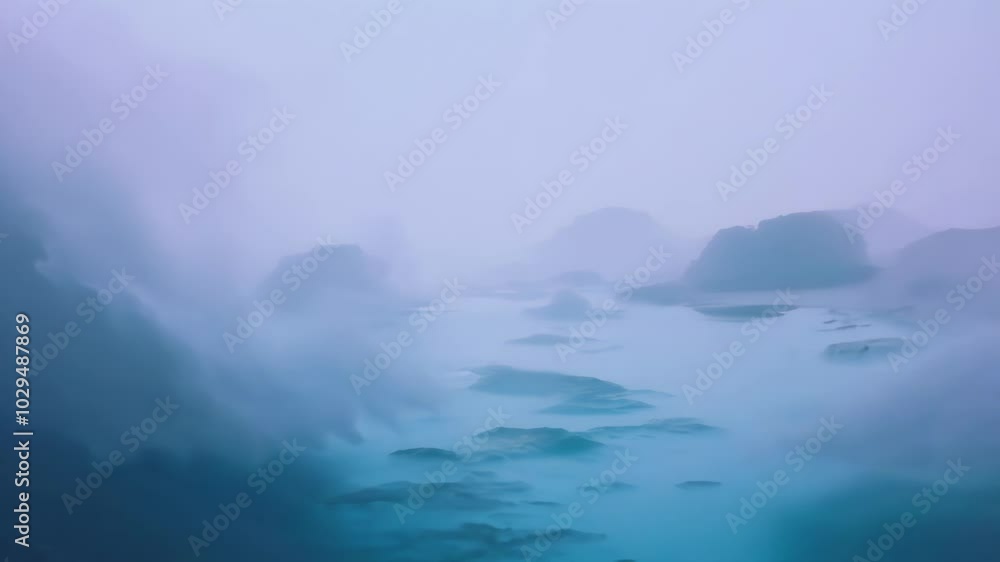 Poster rolling fog envelops a striking coastline on a chilly day, creating a moody scene with dramatic blue