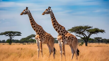 Obraz premium Pair of Giraffes Standing in Open Savanna