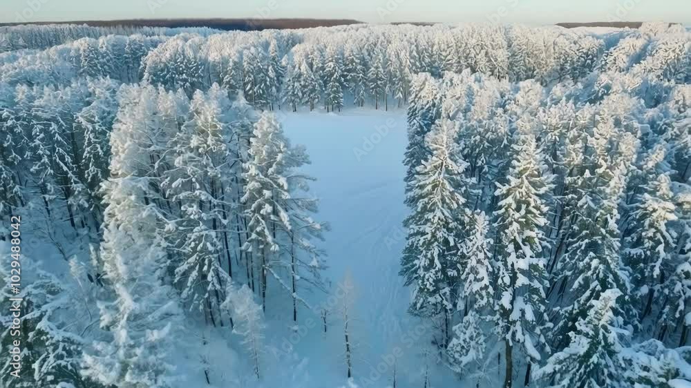 Poster aerial view of snow covered pine forest with ski tracks, creating a serene winter wonderland. sunlig