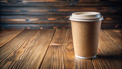 Tilted angle mockup of paper cup on wooden table