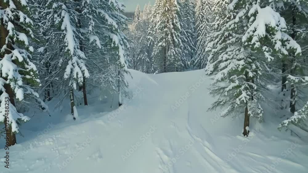 Poster serene winter scene with a snowy path winding through a forest, ski tracks marking the way