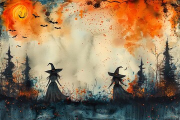 Halloween greeting card : Cute witch ,witch hat,witch's wand,witch castle, spider web , grave with copy space on white background